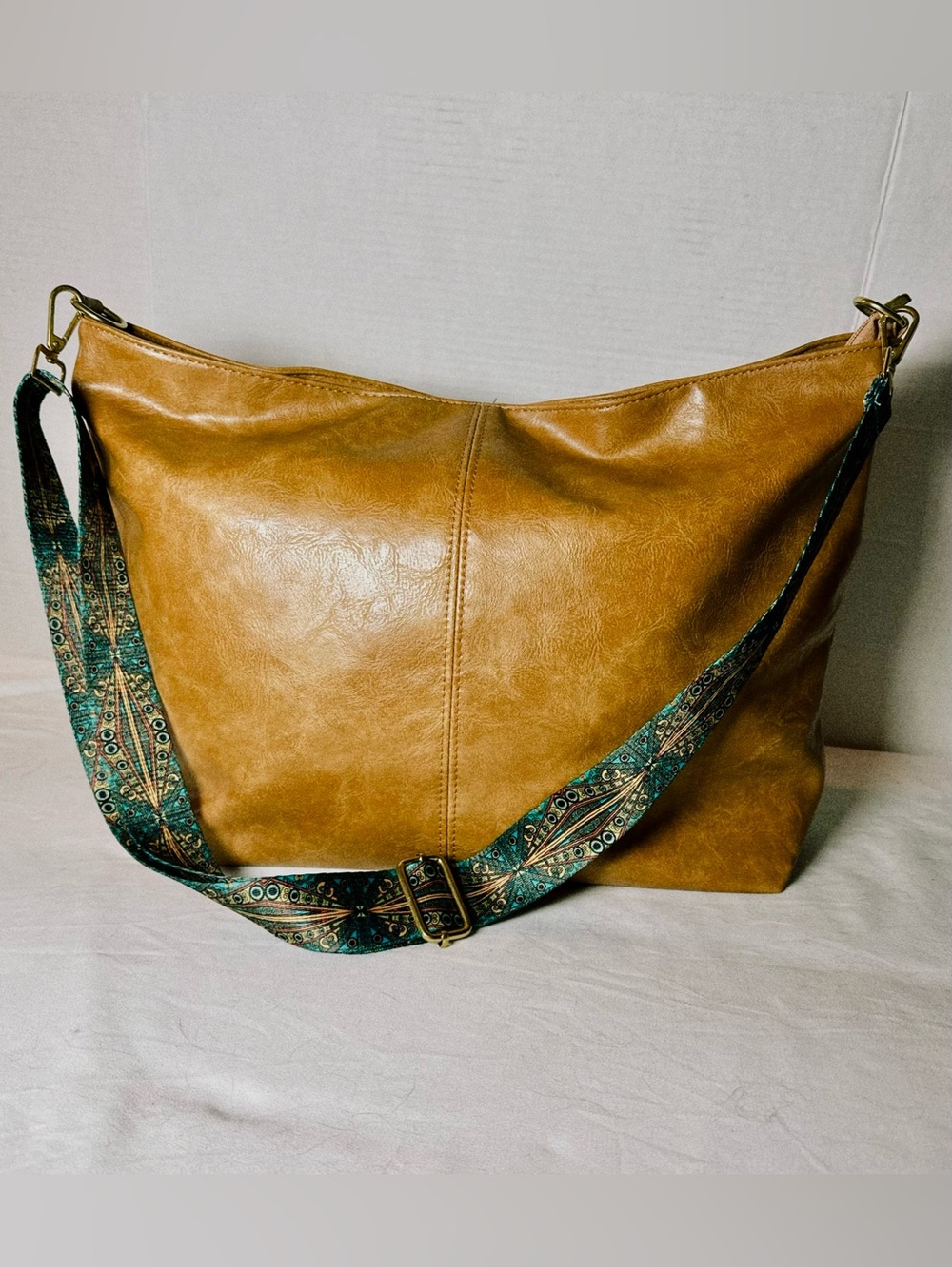 Boho Tan Faux Leather Hobo Shoulder Bag Adjustable Patterned Strap Large Tote